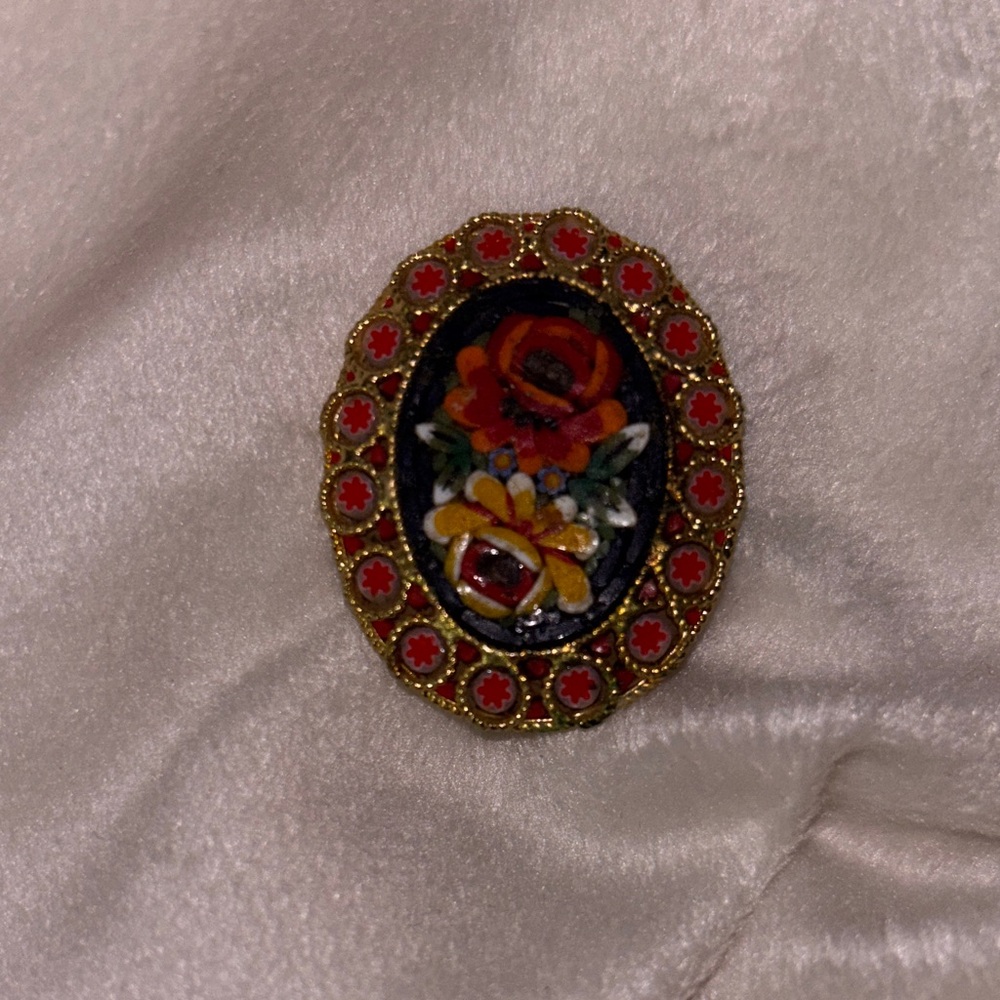 Floral Micro-Mosaic Oval Brooch - Red & Gold